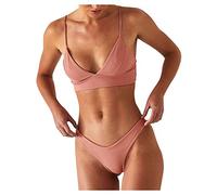 Bikinis Mujer Color Liso Cuello En V - Bañadores Mujer Bikinis Casual Slim Fit, Trajes De Baño De Dos Piezas Elegante Exquisito Swimsuit Women Vacaciones Fiesta En La Piscina Rosa L