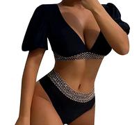 Bikinis Mujer Culotte Bikinis Reductores Pecho Traje de Baño de Bikini Media Manga Cintura Alta con Triángulo Dividido Color Sólido A La para Bikini Parte Abajo Mujer con (Black M)