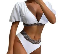 Bikinis Mujer Talla Grande Bikinis Mujer Culotte Traje de Baño de Bikini Media Manga Cintura Alta con Triángulo Dividido Color Sólido A La para Red Point Bikini Bañador (White XL)