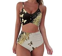 Bikinis Piedras Conjunto de Bikini con Estampado de Mujer Push Up Traje de baño de Moda Traje de baño de Cintura Alta Conjunto de Dos Piezas Bikini Estampado Africano (Gold, M)