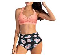 Bikinis Que No Dejan Marca Bikini Volantes Mujer Traje de Baño Mujeres Set Cintura Impresión Media Pieza High Two Retro Ruched Bikini Swimsears Set de Reductor Pecho Bikinis Talla (Pink L)