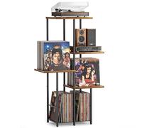 Bikoney Mueble para Tocadiscos con Almacenamiento de Vinilos y Estante Expositor, Mesa Soporte para Giradiscos con Organizadores de Discos, Mueble Vintage de Madera Estilo Mid-Century, Consola Alta