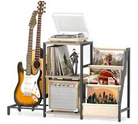 Bikoney Mueble Tocadiscos con Almacenamiento de Vinilos de 3 Niveles y Soporte para Guitarra, Mesa Tocadiscos con Estante para Amplificador de Guitarra Acústica, Eléctrica o Bajo - Blanco