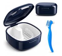 BIKPRST Estuche para Retenedores y Dentaduras Postizas con Cepillo de Doble Cabeza, Caja Portátil de Alineadores Dentales y Prótesis, Kukident Pro Plus, Azul, PP, 7.80x7.80x3.80 cm