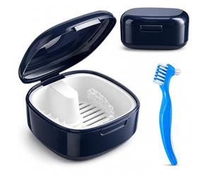 BIKPRST Estuche para Retenedores y Dentaduras Postizas con Cepillo de Doble Cabeza, Caja Portátil de Alineadores Dentales y Prótesis, Kukident Pro Plus, Azul, PP, 7.80x7.80x3.80 cm