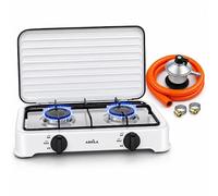 Bilake Hornillo de Gas Butano Foster 4400W de 2 Fuegos con Tapa Protectora, Regulador y Kit de Conexión, Cocina Portátil para Camping, Exterior y Aire Libre, Incluye Goma y Abrazaderas Metálicas
