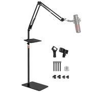 BILIONE Soporte de micrófono con base pesada, brazo de brazo de brazo con bandeja de accesorios de micrófono, soporte de clip de micrófono, adaptador de tornillo de 3/8 a 5/8 pulgadas, bridas para