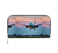 Billetera de mano de piel elegante con estampado de Airplane in The Evening Lights para mujer, con capacidad grande, informal, lista para viajar, Negro -, Talla única, Arte