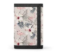 Billetera triple beige con flamenco rosa retro, hojas de palmera y flores de hibisco blanco. Elegante monedero con llavero. Tarjetero para facturas, recibos, etc., para mujeres y hombres. 12,7 x 8,4 x