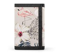 Billetera triple beige con flamenco rosa retro, hojas de palmera y flores de hibisco blanco. Elegante monedero con llavero. Tarjetero para facturas, recibos, etc., para mujeres y hombres. 12,7 x 8,4 x