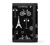 Billetera Triple Negra Oscura con diseño de la Torre Eiffel, Bicicleta, París, Francia. Elegante Monedero con Llavero, Tarjetero para facturas, Recibos, etc., para Hombres y Mujeres. 12,7 x 8,4 x 0,5