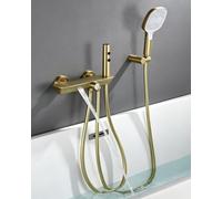 Billg Grifo De Bañera En Cascada con Alcachof, Oro Grifo Mezclador de Latón para Ducha con 3 Funciones, Ducha Montaje Pared Conjunto Termostatico Grifos Duchas Set de Baño con Pistola Rociadora