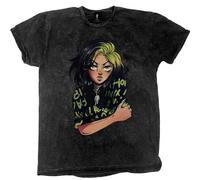 Billie Eilish Camiseta Anime Billie Logo Nue Oficial Unisex Dip Dye Mineral, Negro , M