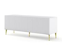 BIM Furniture Armario de TV Ravenna B 150 cm 3D con frontal fresado, patas de metal MDF de alta calidad, aparador, aparador, cómoda de TV, mesa (alfombrilla blanca, patas doradas)