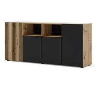 BIM Furniture AURIS - Aparador 42 x 180 x 82 cm con 4 puertas, salón con mucho espacio de almacenamiento, aspecto de madera de roble, para pasillo, oficina y comedor, negro/roble artesano