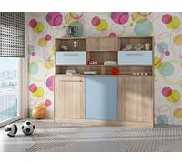 BIM Furniture Cama de pared horizontal Cama armario Roger 90x200 cm Cama plegable de pared, Cama armario plegable, Armario con cama plegable integrada, Cama funcional (Roble Sonoma/Azul, Con estantes