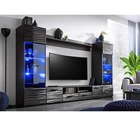 BIM Furniture MODIC Mueble de Pared 260 cm Conjunto de Salón Vitrina Mueble Bajo Negro Alto Brillo LED