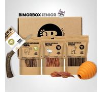 BIMORBOX Perros Senior Medianos y Grandes - Pack Ahorro con Juguete, Mordedor de Asta de Ciervo y Snacks Sin Aditivos