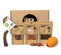 BIMORDISCOS Caja para Perros Senior Medianos y Grandes, Snacks Naturales y Juguetes, con Asta de Ciervo, Tripa de Ternera, Pato y Cordero, +7 años