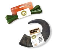 BIMORDISCOS Pack Ahorro - Juguetes Indestructibles para Perros - 2 Unidades - Hueso Eternal Bone y Cuerno de Búfalo para Perros - Mordedores agresivos Todos los Tamaños y Edades
