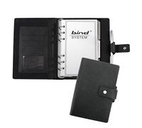 bind 16800 - Cuaderno de notas con mecanismo de anillo A6 de piel sintética negra, carpeta de anillas de 19 x 13, 5 x 2,5 cm, piel sintética con bloc de notas a rayas