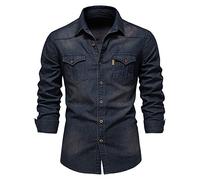 BINGFENG Camisas vaqueras para hombre, lisas, con doble bolsillo, ajustadas, casuales, de manga larga, estilo vaquero para hombre, azul marino, M