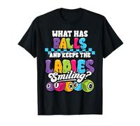 Bingo Divertido Jugador Tiene Bolas Mantiene Damas Sonriendo Camiseta