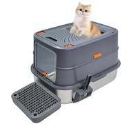 BingoPaw Arenero Gatos Acero Inoxidable Caja de Arena para Gatos Cerrado Grande Metal Extraíble Litter Box Anti-Fugas, Sin Olor, Fácil de Limpiar Cat WC con Pala y Cernidor 58x42x42cm, Gris