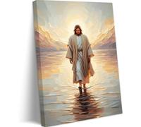 BingruiArt Lienzo decorativo para pared de Jesús caminando sobre el agua, lienzo de decoración cristiana, cuadro dorado, pintura de paseo de Cristo, impresión de Dios, póster de la Divina Misericordia