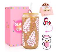 Bingtoo Taza Navidad, Regalos para mujeres o niñas, Vaso de cristal navideño con tapa de paja, posavasos y tarjeta de felicitación