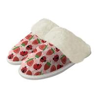 Binienty Pantuflas cálidas de felpa para mujeres y niñas, bonitas pantuflas peludas con borde de piel, lavables a máquina, Mariquita de fresa roja, 40.5/41.5 EU