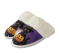 Binienty Pantuflas de Halloween para mujeres y hombres, suaves, peludas, de invierno, para vacaciones, retro, cómodas, zapatos de casa, Black Cat Spooky, 43.5/44.5 EU