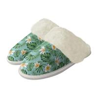 Binienty Pantuflas de invierno cálidas de felpa con borde de piel y suela de goma antideslizante para mujer, Plumeria de hoja de plátano, 40.5/41.5 EU