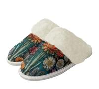Binienty Pantuflas de invierno cálidas de felpa con borde de piel y suela de goma antideslizante para mujer, Cactus Mandala, 36.5/37.5 EU