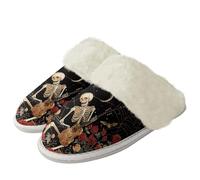 Binienty Pantuflas de invierno para hombre y mujer, cálidas, peludas, con borde de piel, vintage, sin cordones, para casa, Esqueleto punk rosa roja, 40.5/41.5 EU