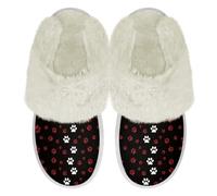 Binienty Pantuflas mullidas para mujer, cálidas, acogedoras, de espuma viscoelástica, para interiores y habitaciones, Estampado de huellas de perro rojo y blanco, 36.5/37.5 EU