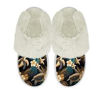 Binienty Pantuflas peludas de espuma viscoelástica para mujer con borde de piel, acogedoras pantuflas de forro polar de felpa para hombre y mujer, Hoja de aguja de pino Plumeria Tortuga, 40.5/41.5 EU