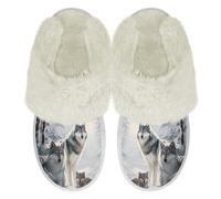 Binienty Pantuflas peludas para hombre y mujer, para todas las estaciones, suela gruesa, con bordes de piel, para interiores y exteriores, Lobo gris y blanco, 40.5/41.5 EU