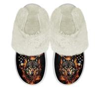 Binienty Pantuflas peludas para hombre y mujer, para todas las estaciones, suela gruesa, con bordes de piel, para interiores y exteriores, Fire American Flag Wolf, 39.5/40.5 EU