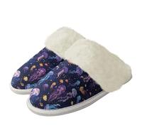 Binienty Pantuflas peludas para mujer y hombre, con estampado animal, puntera ancha, zapatos cálidos para el hogar con suela de goma antideslizante, Medusa morada, 40.5/41.5 EU
