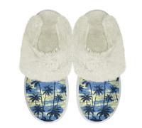 Binienty Pantuflas peludas para mujeres y hombres, de viaje, suaves, cómodas, de espuma viscoelástica, esponjosas, para interiores y exteriores, puntera cerrada, ajuste ancho, Azul Tie Dye Palmera