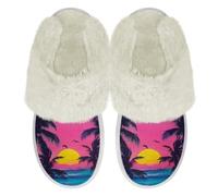 Binienty Pantuflas peludas para mujeres y hombres, de viaje, suaves, cómodas, de espuma viscoelástica, esponjosas, para interiores y exteriores, puntera cerrada, ajuste ancho, Árbol de coco rosa