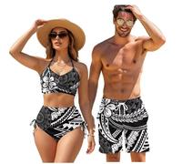 Binienty Traje de baño a juego para parejas, conjunto de bikini con sujetador push-up con cordón para hombre, para fiestas en la piscina, viajes a la playa, Plumeria polinesia, L
