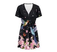 Binienty Vestido de verano para mujer, de manga corta, cintura alta, maxivestido corto, ropa de moda, Colibrí de flor de cerezo, XL