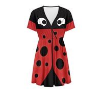 Binienty Vestido de verano para mujer, de manga corta, cintura alta, maxivestido corto, ropa de moda, Funny Ladybug, L