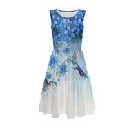 Binienty Vestidos de verano para mujer, trajes de vacaciones, bohemio, sin mangas, con retazos, vestido de verano, Colibrí con flores azules, XL