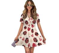 Binienty Vestidos novedosos para mujer, para otoño y verano, cuello en V, para vacaciones en la playa, Love Heart Ladybug, L