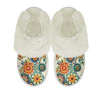 Binienty Zapatillas de casa de felpa cálidas para mujer, de espuma viscoelástica, acogedoras, mullidas, para todas las estaciones, Mandala verde y naranja, 40.5/41.5 EU