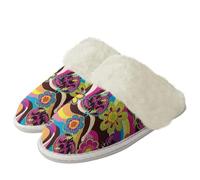 Binienty Zapatillas de invierno cálidas e informales de felpa con suela antideslizante para el hogar y el dormitorio, Flores coloridas de los años 70, 40.5/41.5 EU
