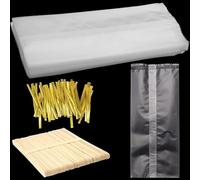 Binnan 100 Piezas Bolsas de Paletas Transparentes con Palito de Helado de Madera, 150 Piezas Dorado Torsion de Corbata, Bolsas de celofán Transparente para Paleta, Caramelos, Galletas,Etc